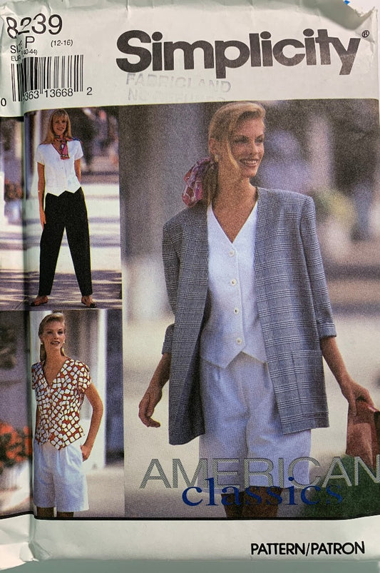 Simplicity Sewing Pattern 8239 Misses' Pants, Shorts, Top, Unlined Jacket, Zipper Back, Cap Sleeves, Long Sleeves, Loose-Fitting, Size 12-16, Uncut, Vintage 1996
