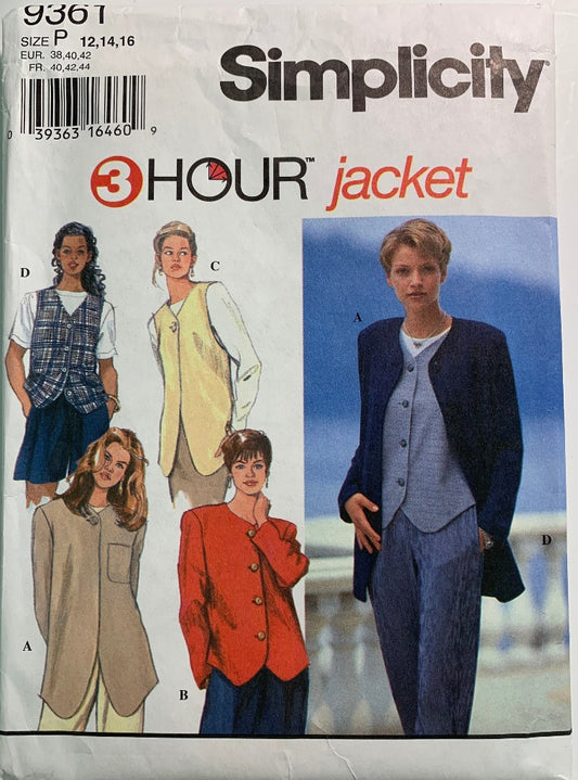 Simplicity 9361 Misses' Jackets and Vests, Size 12-16, Uncut, Vintage 1995