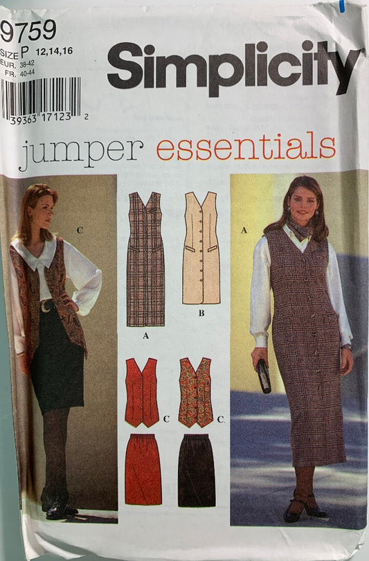 Simplicity 9759 Misses' Petites Dress, Jumper, Vest, Skirt, Size 12-16, Uncut, Vintage 1996