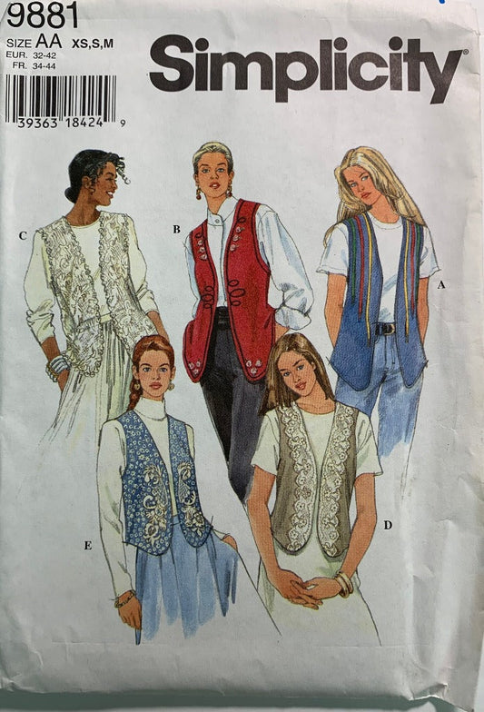 Simplicity Sewing Pattern 9881 Misses' Vests, Lined, Two Lengths, 5 Variations, Sleeveless, Size 6-16, Uncut, Vintage 1996