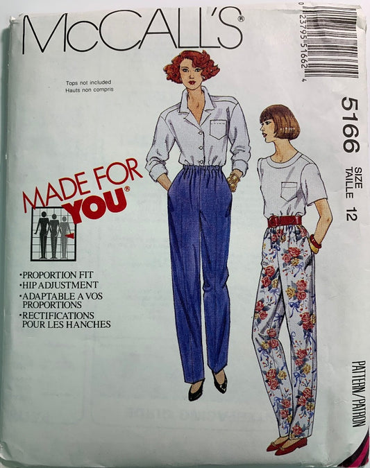 McCall's 5166 Misses' Pants, Size 12, Uncut, Vintage 1991