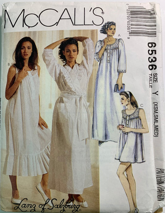 McCall's 6536 Misses' Robe, Tie Belt, Nightgowns, Three Lengths, Size XSM-Med, Uncut, Vintage 1993