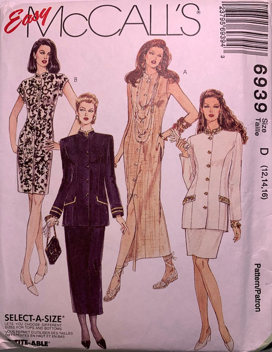 McCall's 6939 Misses' Dress, Unlined Jacket, Skirt, Size 12-16, Uncut, Vintage 1994