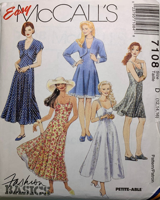 McCall's 7108 Misses' Unlined Bolero, Dress, Size 12-16, Uncut, Vintage 1994