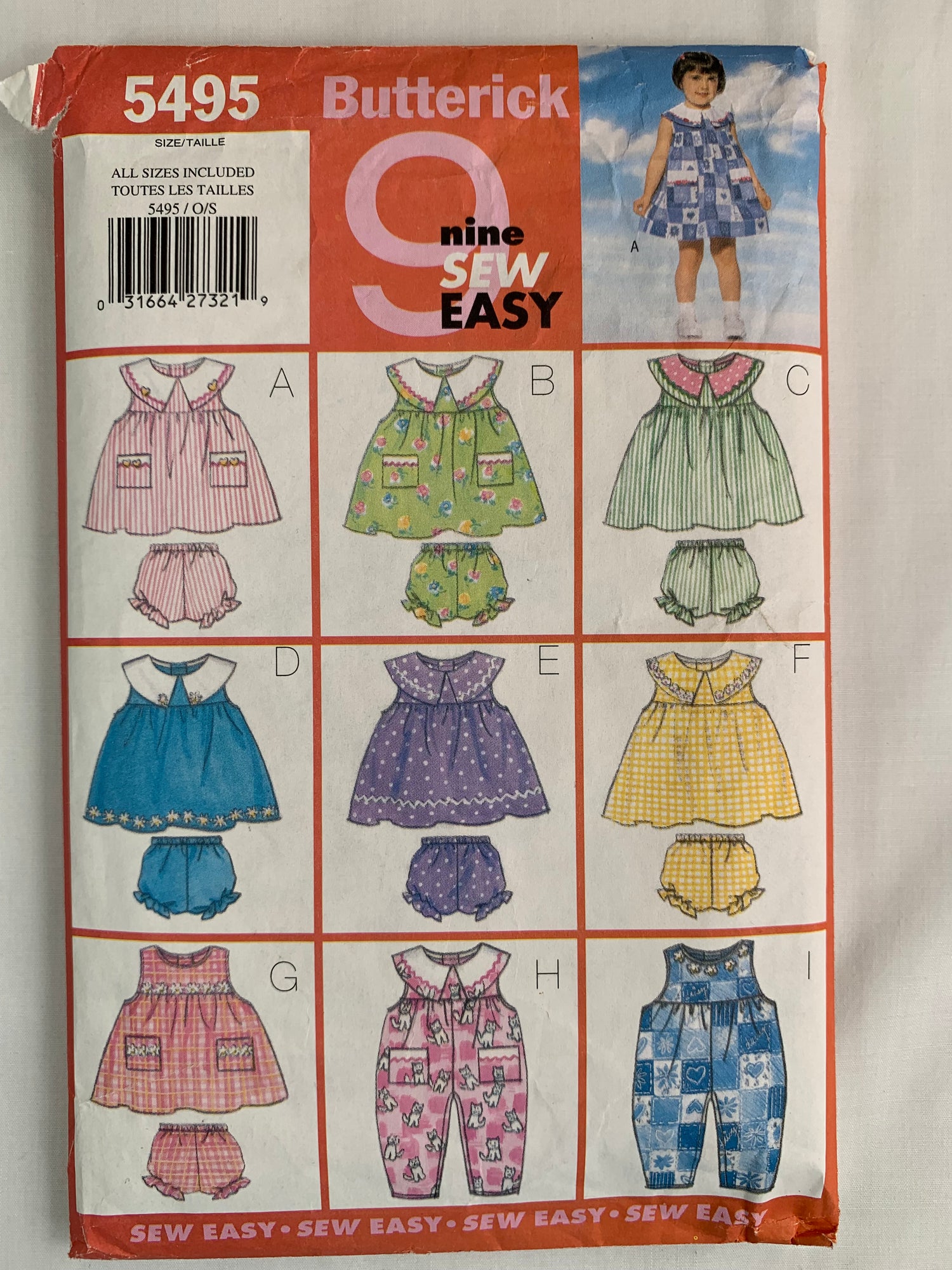 Butterick Sewing Pattern 5495 Toddlers'/Girls' Dress, Jumpsuit, Panties, Sleeveless, Button Back, Loose-Fitting, A-Line, Tapered, Size 1-4, Uncut, Vintage 1998