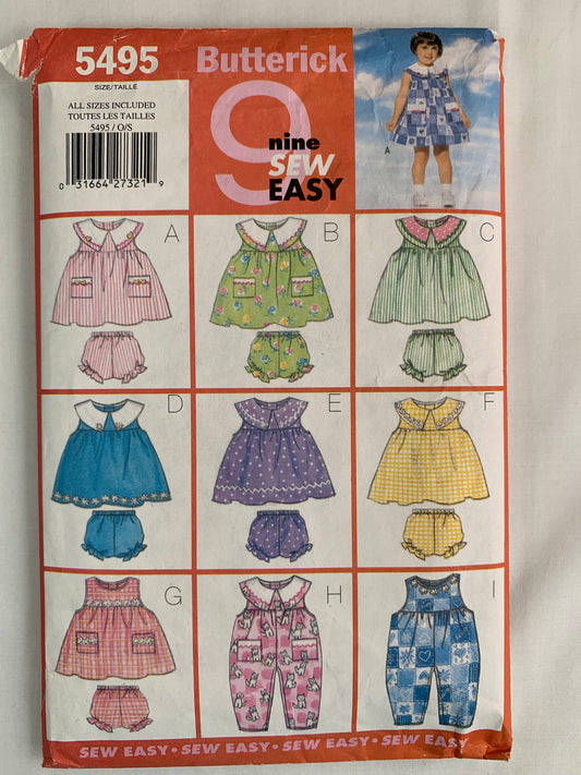 Butterick Sewing Pattern 5495 Toddlers'/Girls' Dress, Jumpsuit, Panties, Sleeveless, Button Back, Loose-Fitting, A-Line, Tapered, Size 1-4, Uncut, Vintage 1998