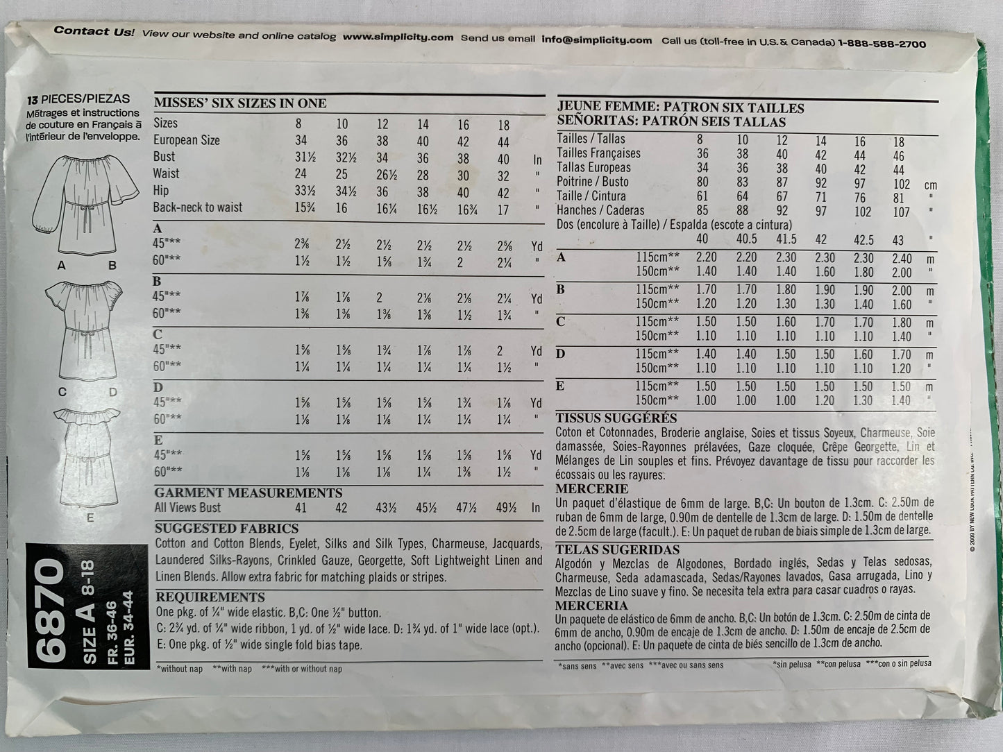 Simplicity New Look Sewing Pattern 6870 Misses' Tops, Long/Short Sleeves, Sleeveless, 5 Variations, Loose-Fitting, Size 8-18, Uncut,, 2009