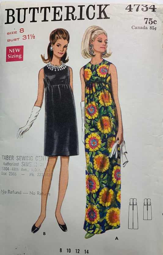 Butterick 4734 Evening Dress, Size 8, Uncut, Vintage 1968
