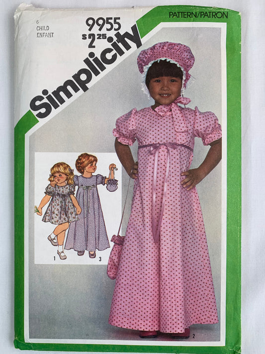 Simplicity Sewing Pattern 9955 Child's/Girls' Dress, Bonnet, Bag, Short Sleeves, Empire Waist, Zipper Back, Two Lengths, Size 6, Uncut, Vintage 1981