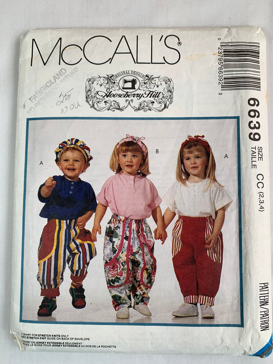 McCall's Sewing Pattern 6639 Toddlers'/Girls'/Boys T-Shirts, Pants, Snap Crotch, Hat, Headband, Stretch Knits Only, Pullover, Pull-On, Elastic Waist, Size 1-4, Uncut, Vintage 1993