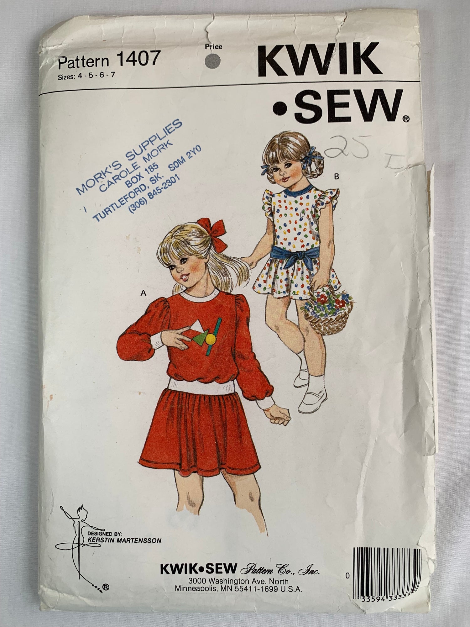 KWIK Sewing Pattern 1407 Girls' Dress, Round Neckline, Long/Short Sleeves, Dropped Waist, Ruffle, Belt, Uncut, Size 4-7, Vintage 1984