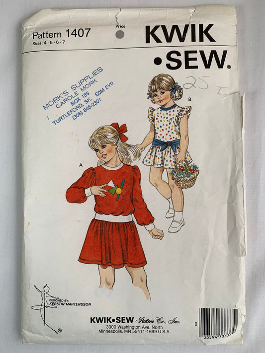 KWIK Sewing Pattern 1407 Girls' Dress, Round Neckline, Long/Short Sleeves, Dropped Waist, Ruffle, Belt, Uncut, Size 4-7, Vintage 1984