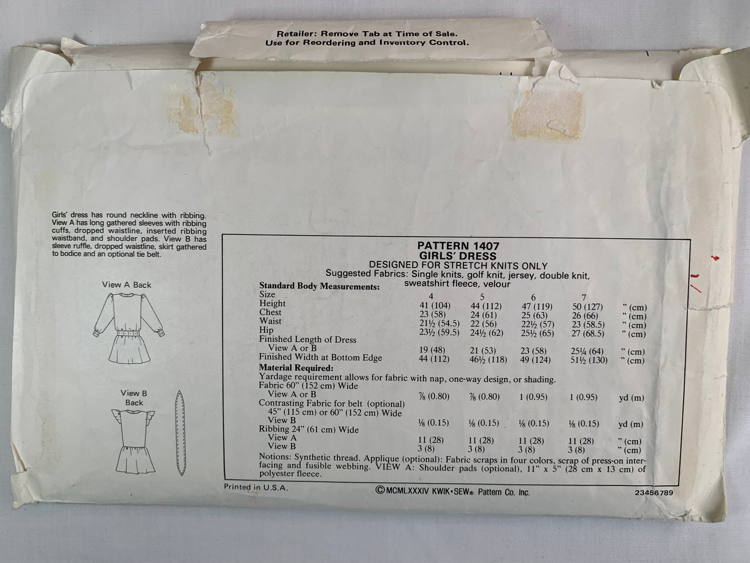 KWIK Sewing Pattern 1407 Girls' Dress, Round Neckline, Long/Short Sleeves, Dropped Waist, Ruffle, Belt, Uncut, Size 4-7, Vintage 1984