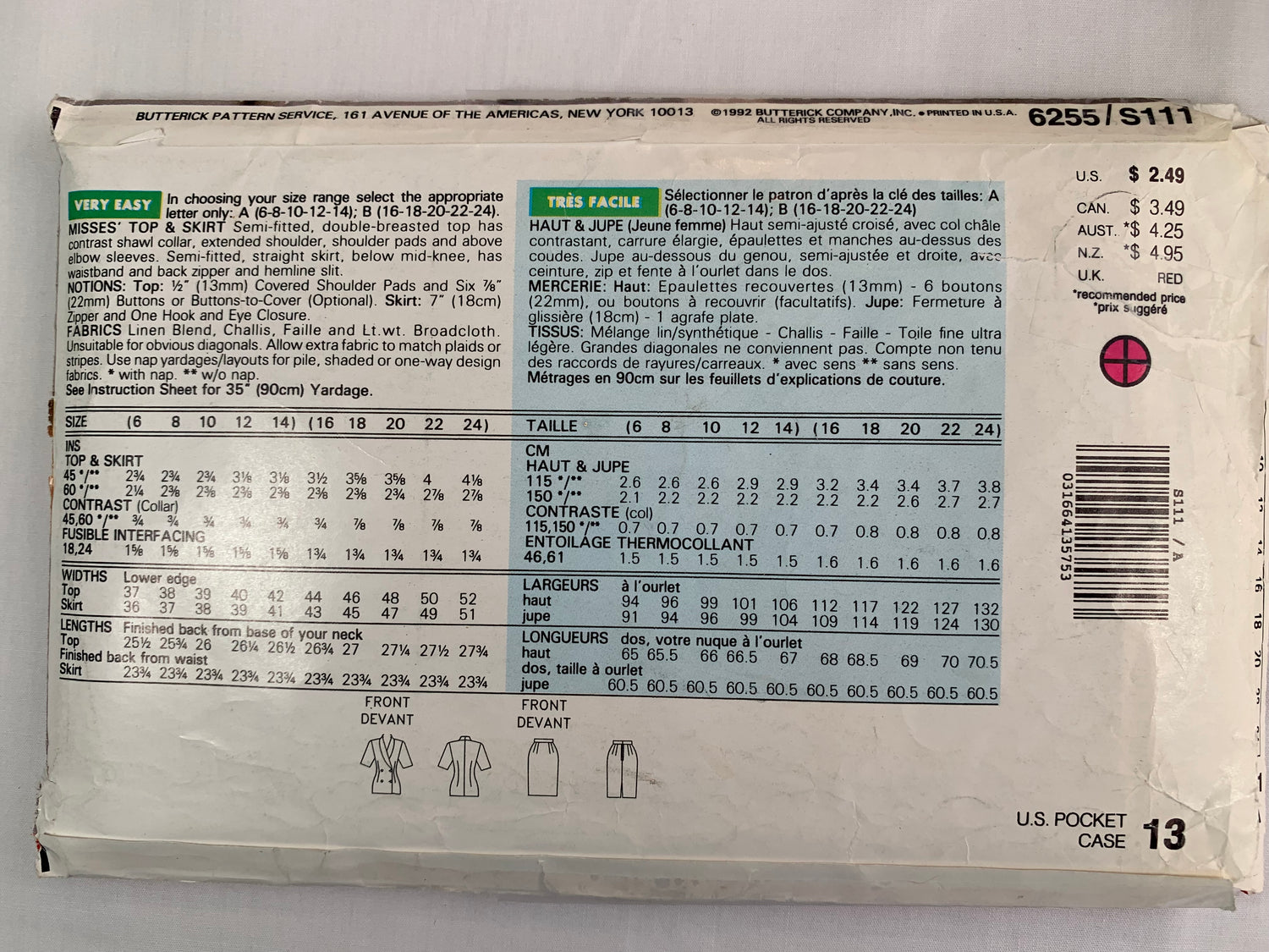 Butterick See & Sew Sewing Pattern 6255 Misses' Top, Skirt, Semi-Fitted, Collar, Short Sleeves, Zipper Back, Double-Breasted, Size 6-14, Uncut, Vintage 1992