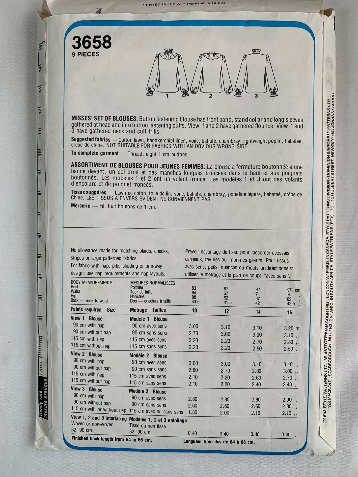 Style Sewing Pattern 3658 Misses' Evening Button Front, 3 Variations, Flounce, Long Sleeves, Ruffles, Size 6-16, Uncut, Vintage 1982