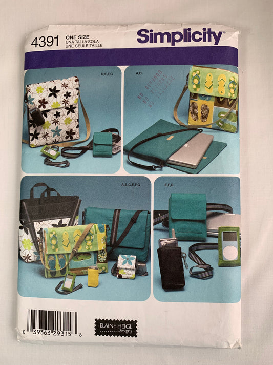Simplicity Sewing Pattern 4391 Set of Bags, Accessories, Game System, Shouder Strap, Cd Holder/Case, Camera, Cell Phone, Messenger, Uncut, 2003