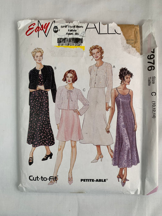 McCall's Sewing Pattern 7976 Misses' Jacket, Dresses, 3 Variations, Sleeveless, Two Lengths, Button/Tie Front, Long Sleeves, Size 10-14, Uncut, Vintage 1995