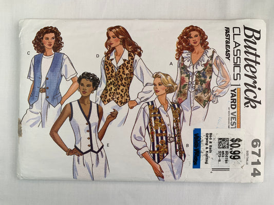Butterick Sewing Pattern 6714 Misses' Lined Vest, Fitted, Back Belt, Side Slits, Sleeveless, Button Front, Size 14-16, Uncut, Vintage 1993