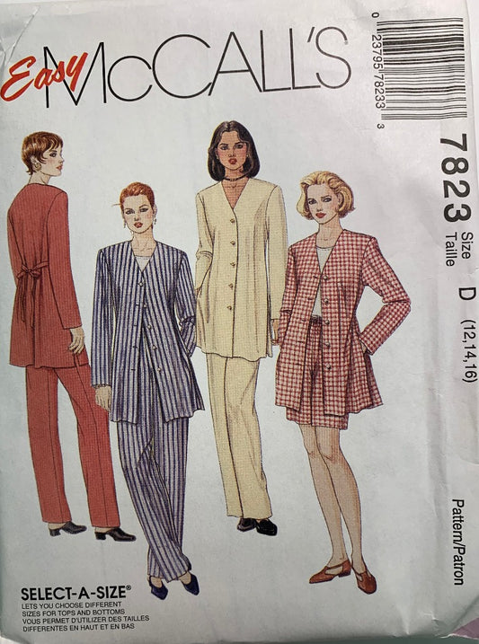 McCall's Sewing Pattern 7823 Unlined Jacket, Top, Pants, Shorts, Size 12-16, Uncut, Vintage 1995