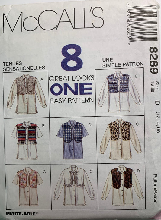 McCall's 8289 Misses' Shirt, Mock Vest, Size 12-16, Uncut, Vintage 1996