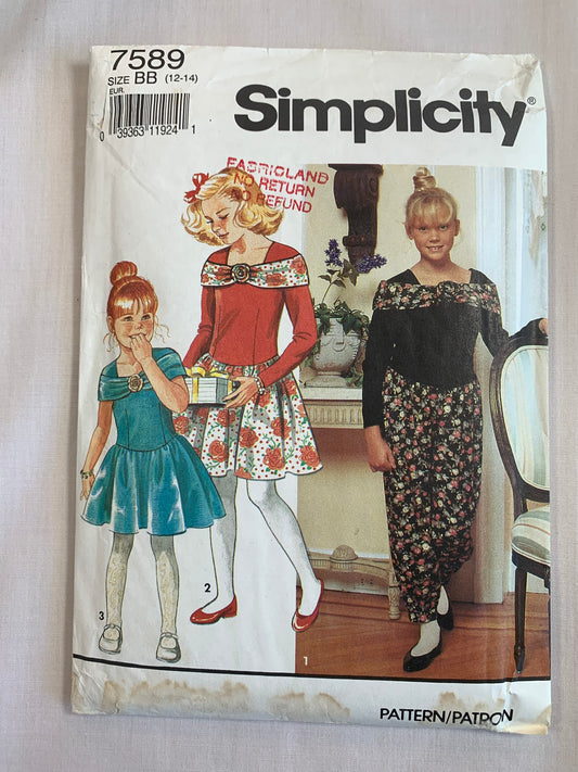 Simplicity Sewing Pattern 7589 Girls' Dress. Jumpsuit, Zipper, Long Sleeves, Sleeveless, Gathered Waist, Size 12-14, Uncut, Vintage 1991