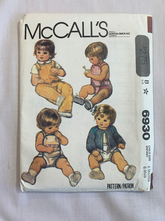 McCall's Sewing Pattern 6930 Infants' Romper, Jacket, Shirt, Long/Short Raglan Sleeves, Two Lengths, Button Front, Size 12-25 Pounds, Uncut, Vintage 1980