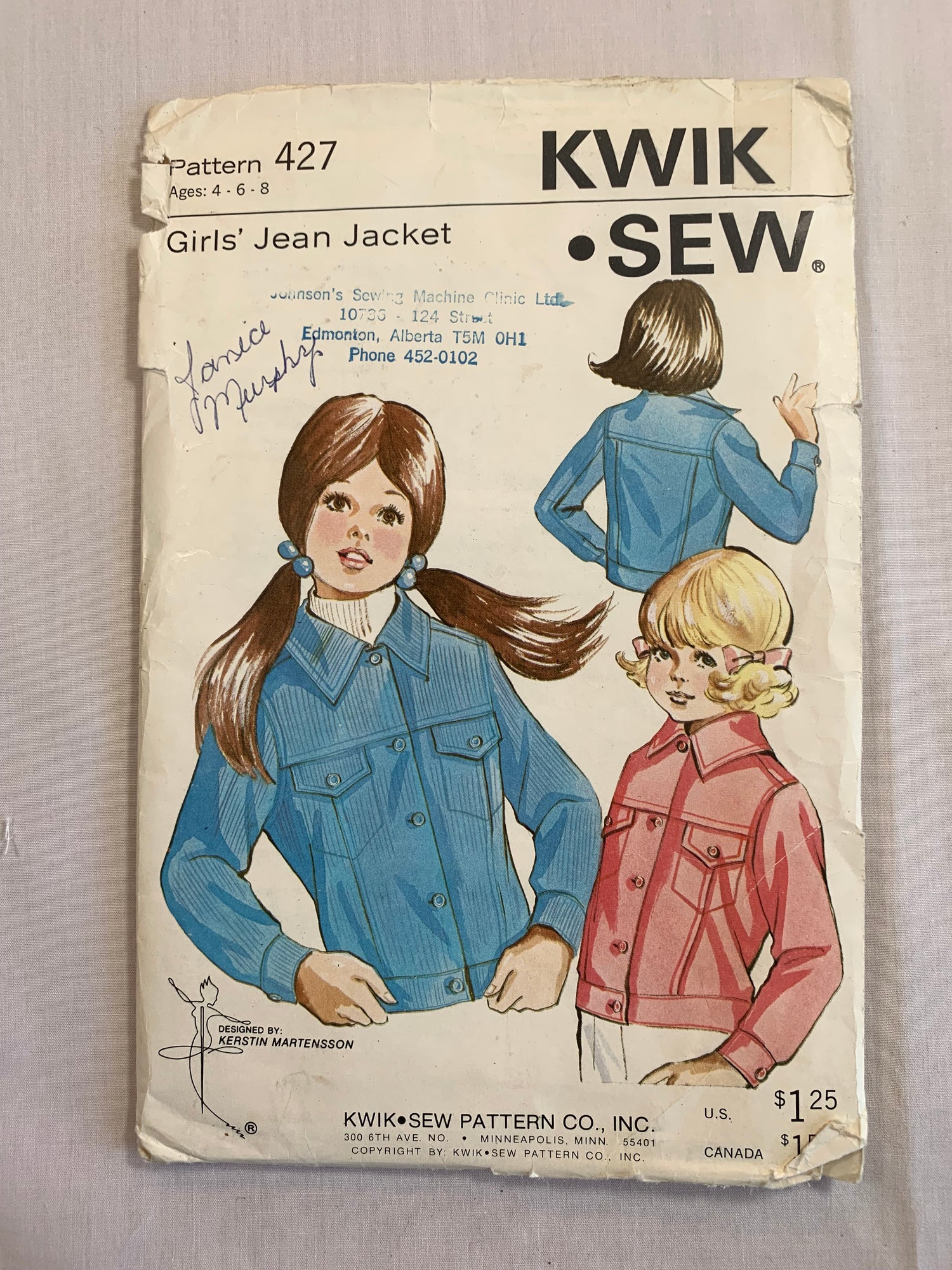 KWIK Sewing Pattern 427 Girls Jean Jacket, Snap/Button Closure, Long Sleeves, Cuffs, Uncut, Size 4-8, Vintage 1980