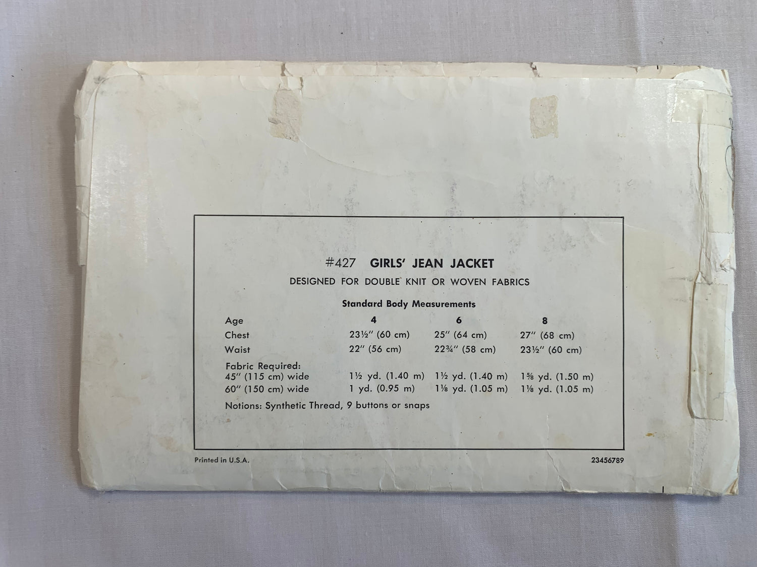 KWIK Sewing Pattern 427 Girls Jean Jacket, Snap/Button Closure, Long Sleeves, Cuffs, Uncut, Size 4-8, Vintage 1980