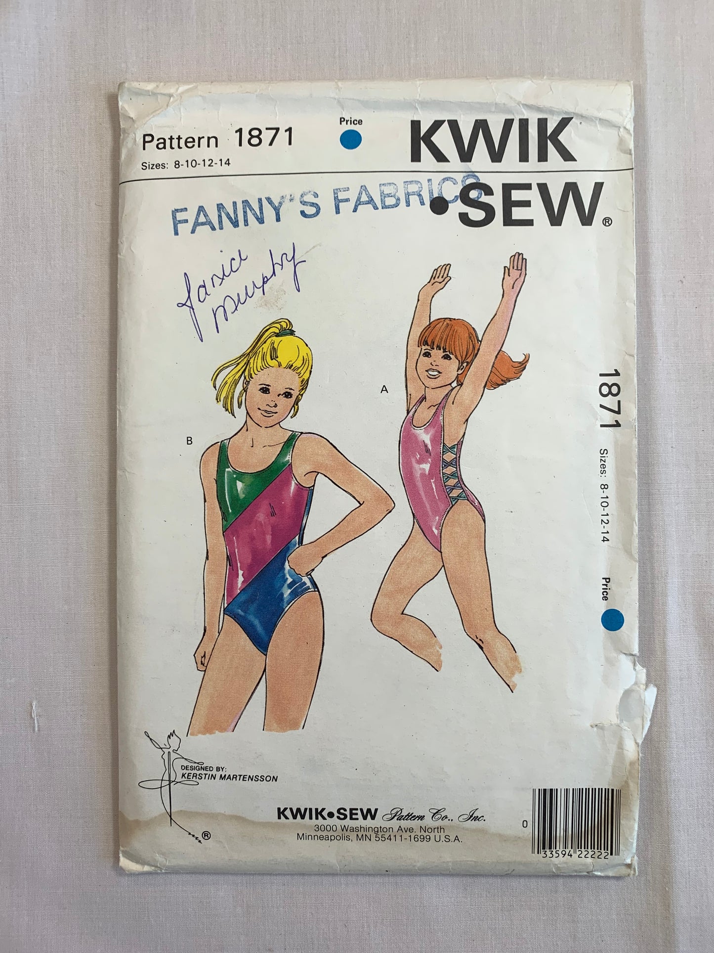 Kwik Sewing Pattern 1871 Girls' Swimsuit, One Piece, 2 Variations, Size 8-14, Uncut, Vintage 1989