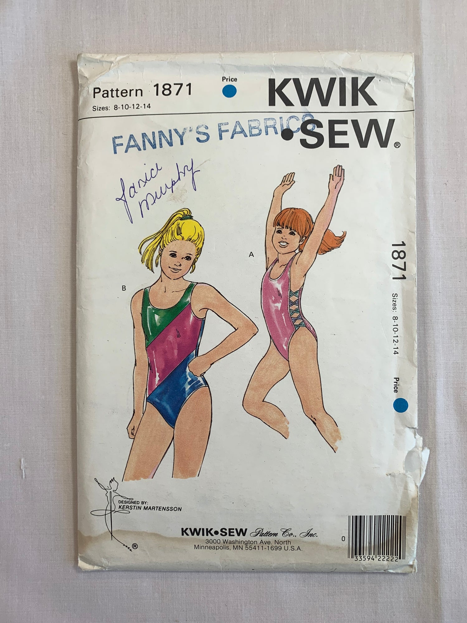Kwik Sewing Pattern 1871 Girls' Swimsuit, One Piece, 2 Variations, Size 8-14, Uncut, Vintage 1989