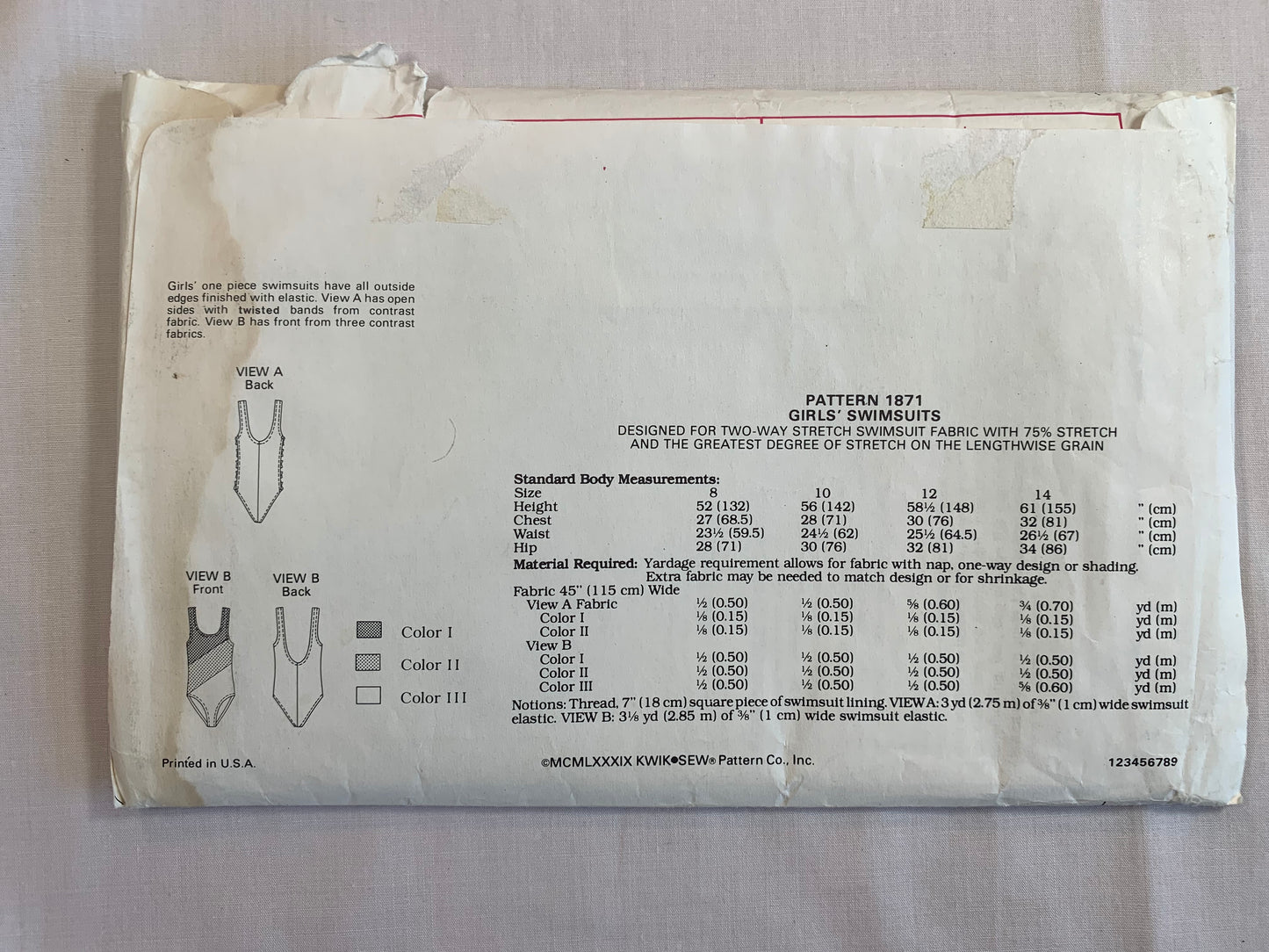Kwik Sewing Pattern 1871 Girls' Swimsuit, One Piece, 2 Variations, Size 8-14, Uncut, Vintage 1989