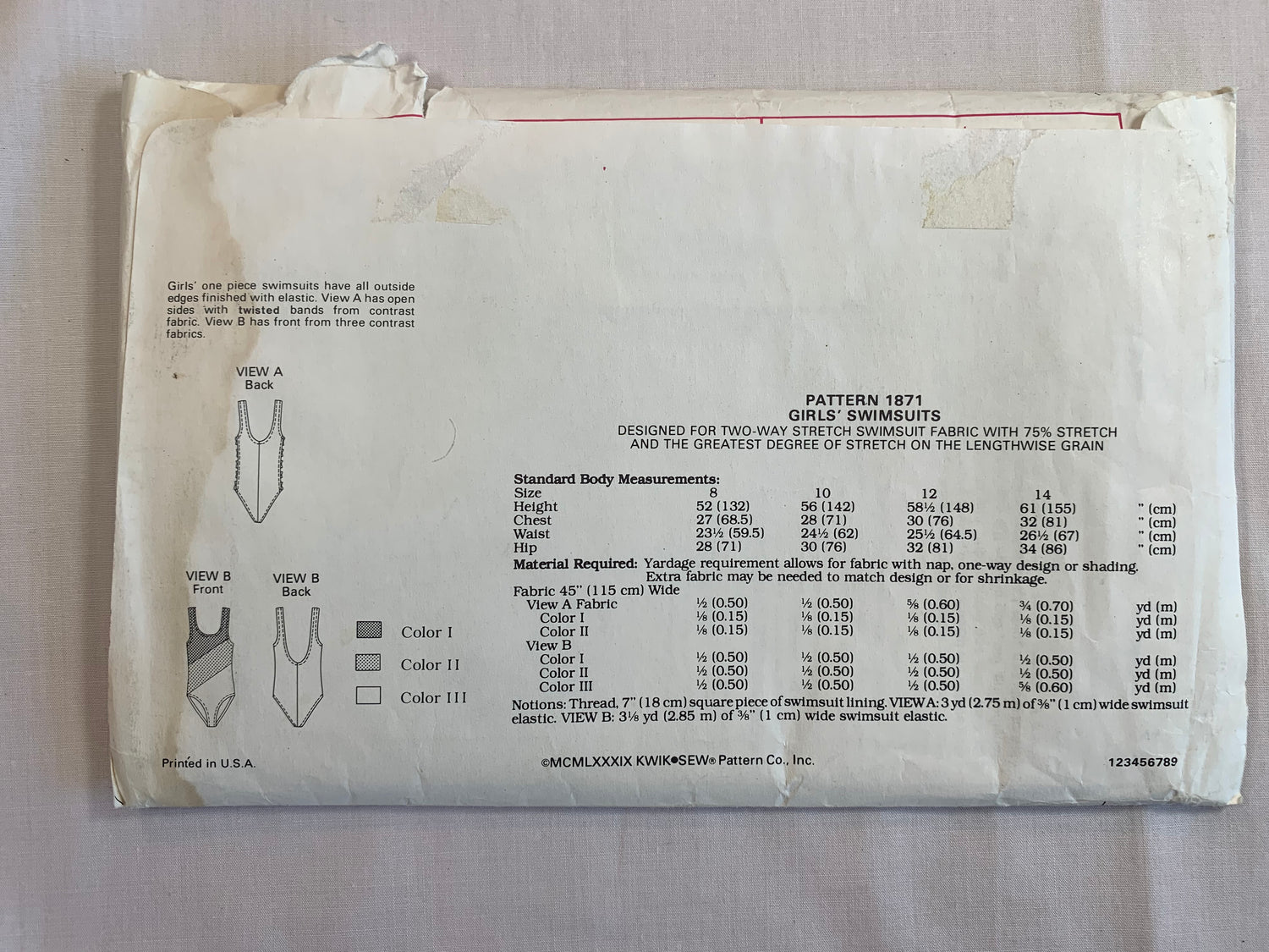 Kwik Sewing Pattern 1871 Girls' Swimsuit, One Piece, 2 Variations, Size 8-14, Uncut, Vintage 1989