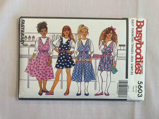 Butterick Busybodies Sewing Pattern 5603 Girls' Jumper, Jumpsuit, Top, Two Lengths, Loose-Fitting, Sleeveless, Zipper Back, Dropped Shoulders, Flared, Size 7-10, Uncut, Vintage 1991