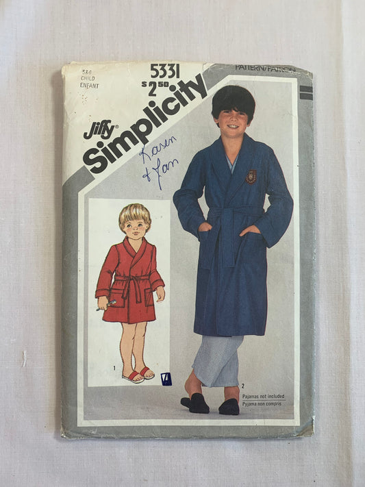 Simplicity Sewing Pattern Jiffy 5331 Child's Boys' Front Wrap Robe, Pockets, Long Sleeves, Housecoat, Size 5-6, Uncut, Vintage 1981