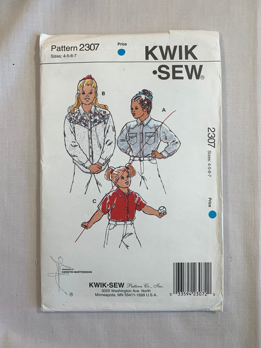 KWIK Sewing Pattern 2307 Girls' Shirts, Long/Short Sleeves, Collar, Cuffs, Pockets, Button/Snap Front, Uncut, Size 4-7, Vintage 1993