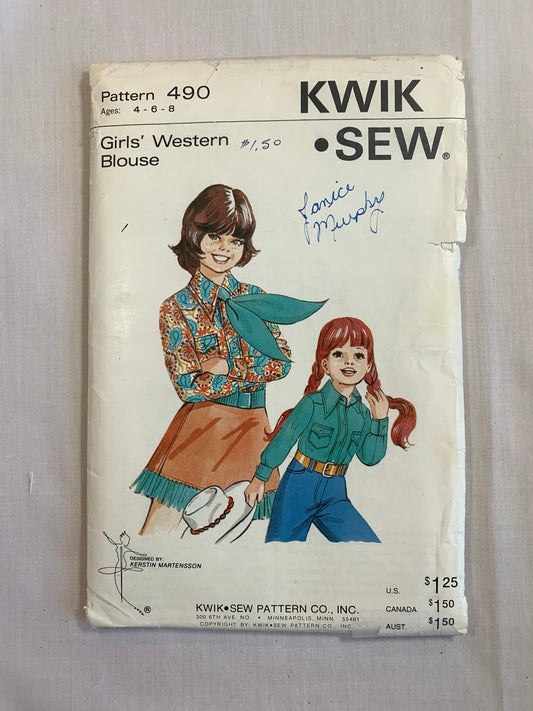 KWIK Sewing Pattern 490 Girls' Western Blouse, Long Sleeves, Collar, Cuffs, Pockets, Button/Snap Front, Size 4-8, Uncut, Vintage 1993