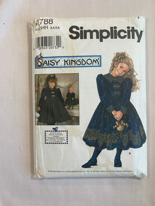 Simplicity Sewing Pattern 7788 Girls' Dress, Doll Dress, 17" Doll, Full Skirt, Frog Closures, Puffed Long Sleeves, Size 3-6, Uncut, Vintage 1994