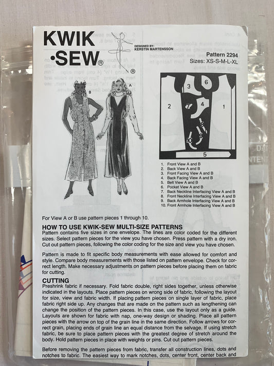 KWIK Sewing Pattern 2294 Misses' Dress, Ankle Lengths, Pockets, Tie Back, Button Front, Sleeveless, Size XS-XL, Uncut, Vintage 1998