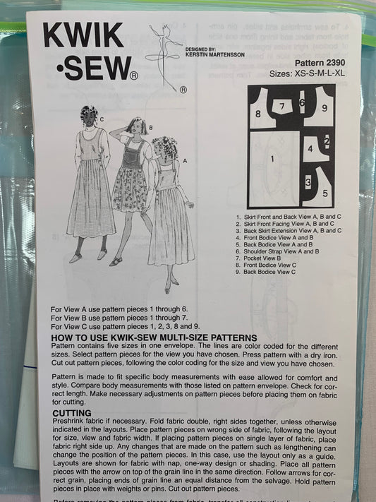 KWIK Sewing Pattern 2390 Misses' Dress, Jumper, Two Lengths, Pockets, Shoulder Straps, Sleeveless, Gathered Waist, Size XS-XL, Uncut, Vintage 1998