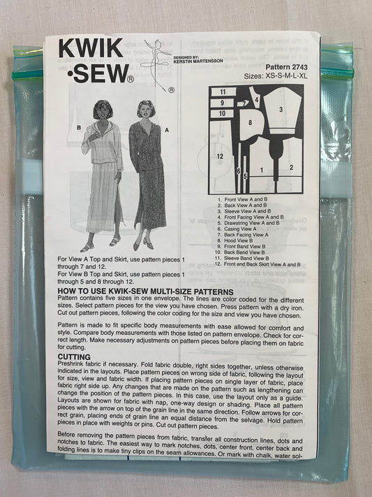 WIK Sewing Pattern 2743 Misses' Skirt, Top, Long Sleeves, Side Slits, Ankle Length, Pullover, Size XS-XL, Uncut, Vintage 1993