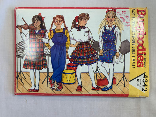 Butterick Busybodies Sewing Pattern 4342 Girls' Jumper, Jumpsuit, Skirt, Scarf, Loose-Fitting, Dropped Waist, Sleeveless, Pockets, Size 12-14, Uncut, Vintage 1989