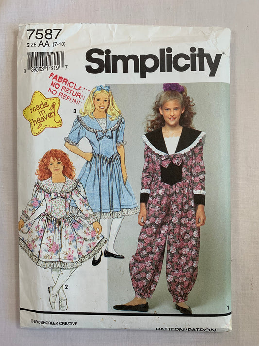 Simplicity Sewing Pattern 7587 Child's/Girls' Dress, Romper-Dress, Long/Short Sleeves, Gathered Waist, Zipper Back, Princess Seams, Collar, Size 7-10, Uncut, Vintage 1991