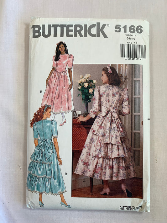 Butterick Sewing Pattern 5166 Misses' Dress, Lower Calf Length, Headband, Semi-Fitted, Ruffles, Flared Skirt, Tie Ends, Size 12-14, Uncut, Vintage 1990