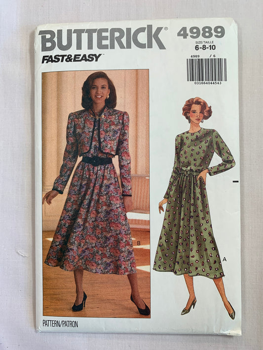 Butterick Sewing Pattern 4989 Misses'/Petite Jacket, Dress, Collar, Shoulder Pads, Loose-Fitting, Long Sleeves, Pleats, Cuffs, Size 6-10, Uncut, Vintage 1990