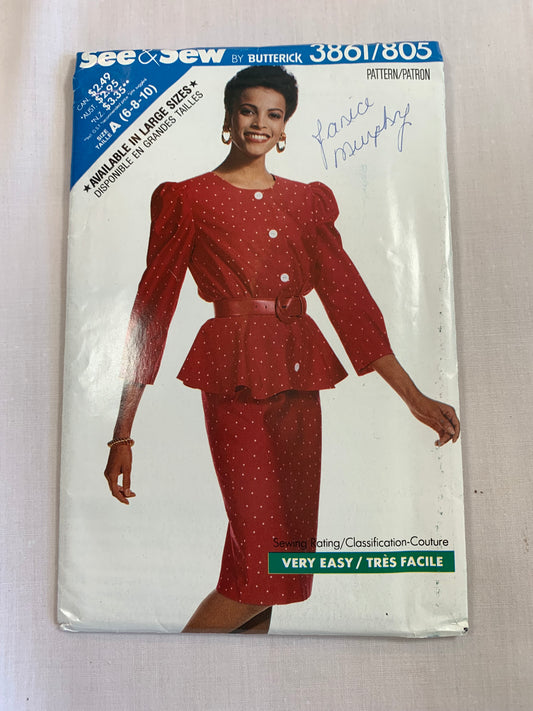 Butterick Sewing Pattern See & Sew 3861 Misses'/Misses' Petite Top, Skirt, Loose-Fitting, Shoulder Pads, Straight, Zipper Back, Size 6-10, Uncut, Vintage 1989