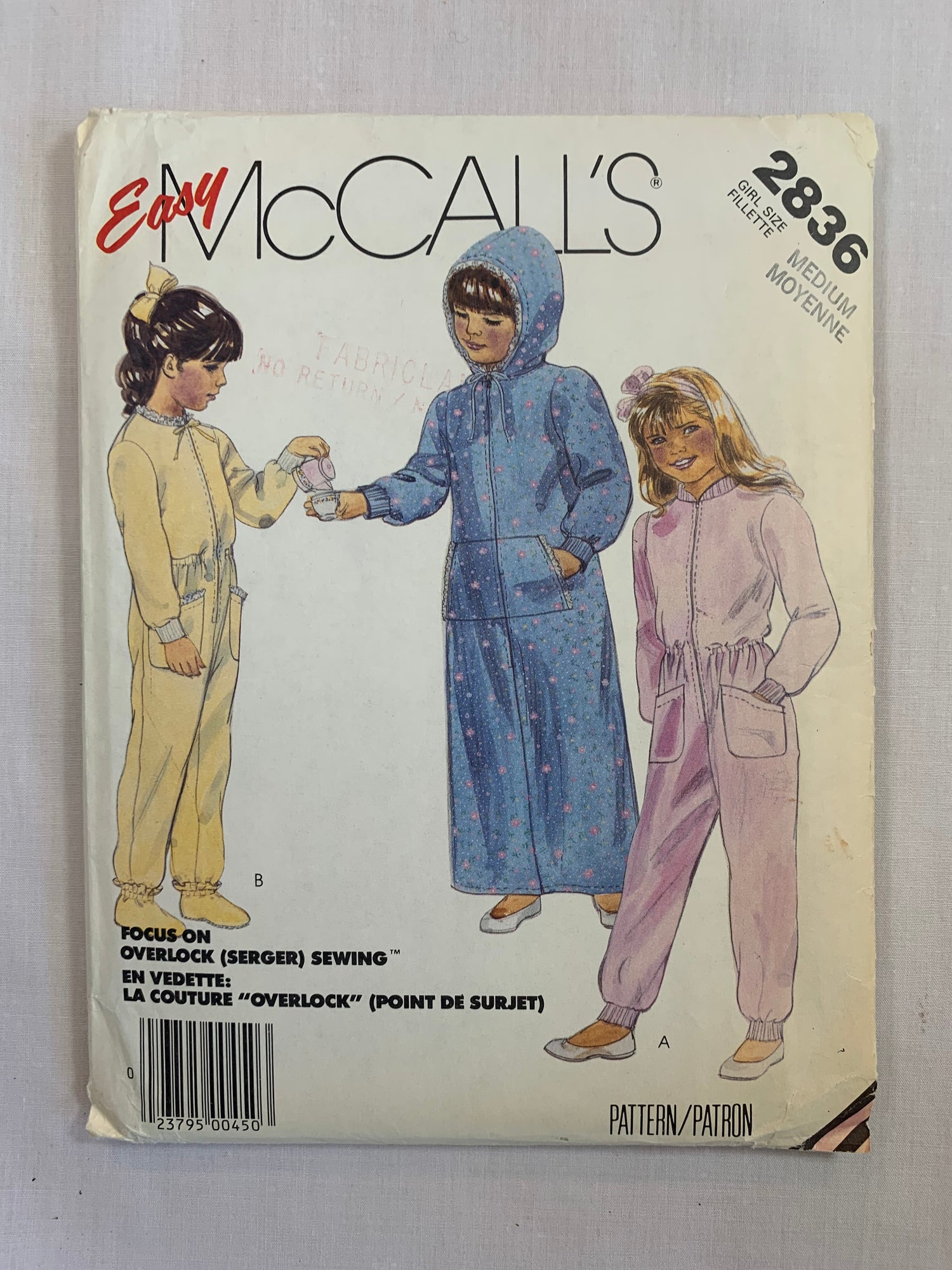 McCalls Sewing Pattern 2836 Girls' Hooded Robe, Pajamas, Booties, Zipper Front, Elastic Waist, One Piece, Sleepwear, Long Sleeves, Size 8-10, Uncut, Vintage 1986