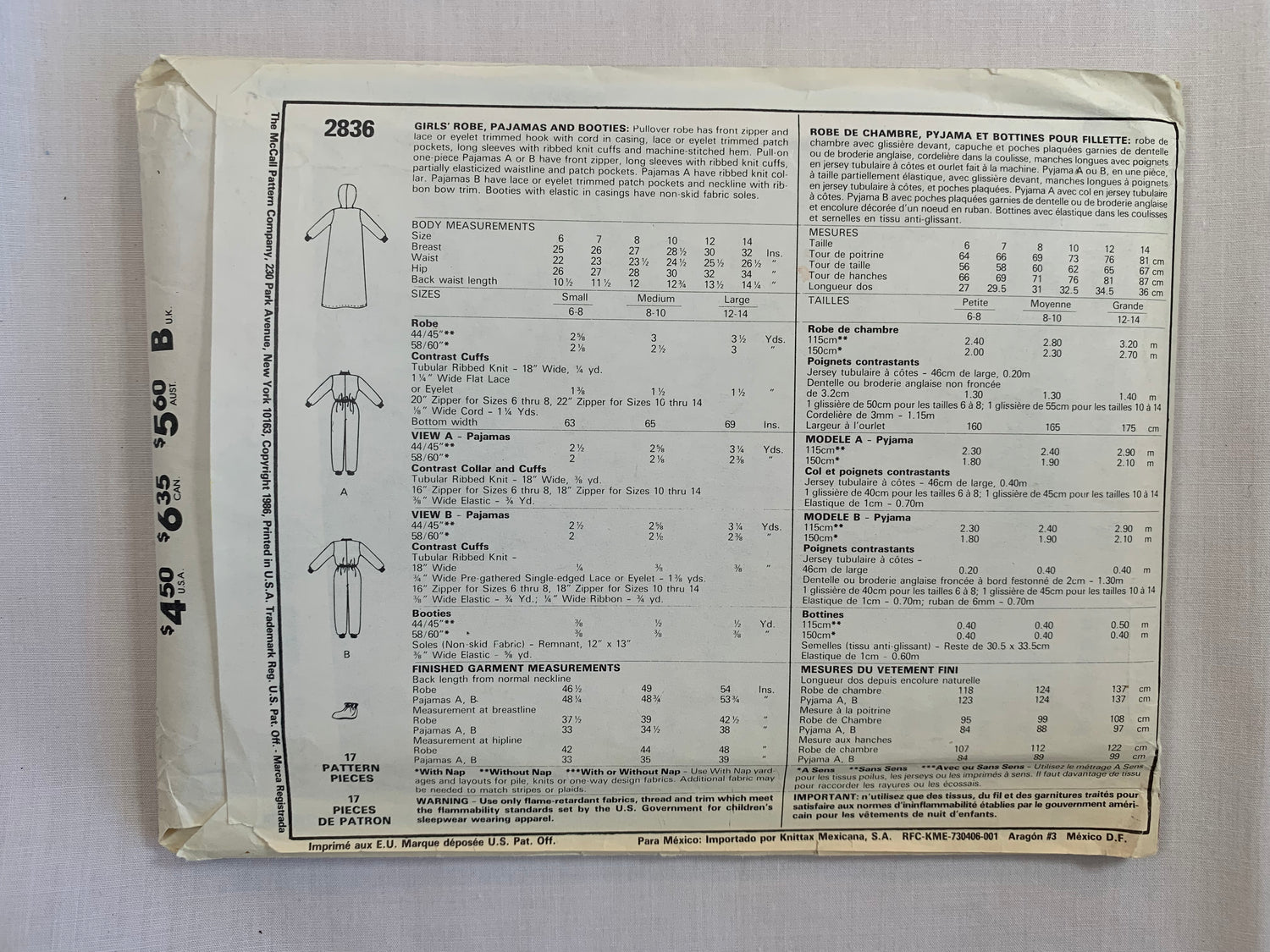 McCalls Sewing Pattern 2836 Girls' Hooded Robe, Pajamas, Booties, Zipper Front, Elastic Waist, One Piece, Sleepwear, Long Sleeves, Size 8-10, Uncut, Vintage 1986