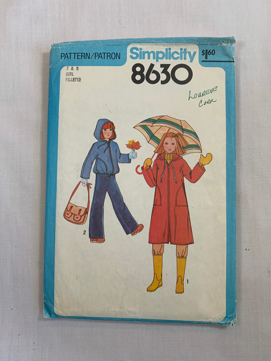 Simplicity Sewing Pattern 8630 Girls' Unlined Jacket, Coat, Zipper Front, Two Lengths, Long Sleeves, Size 7-8, Uncut, Vintage 1978