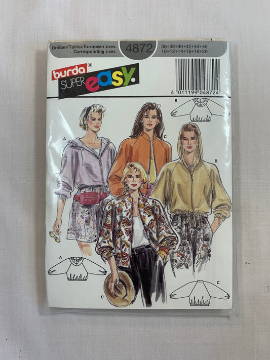 Burda Sewing Pattern 4872 Misses' Jacket, Raglan Long Sleeves, Shoulder Pads, Zipper Front, Pockets, Loose-Fitting, Size 10-20, Uncut