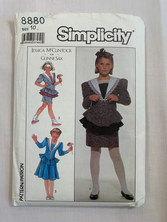 Simplicity Jessica McClintock Sewing Pattern 8880 Girls' Dress, Flared Skirt, Zipper Back, Long/Short Sleeves, Ruffles, Princess Seams, Collar, Straight, Size 10, Uncut, Vintage 1988